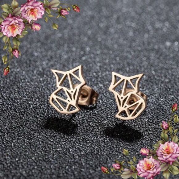 Stainless Steel Cute Fox Ear Studs Rose Gold Origami Animal Earrings - Picture 1 of 8
